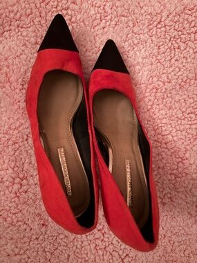Suede Pointed-Toe Flats with Black Cap Toe in Red